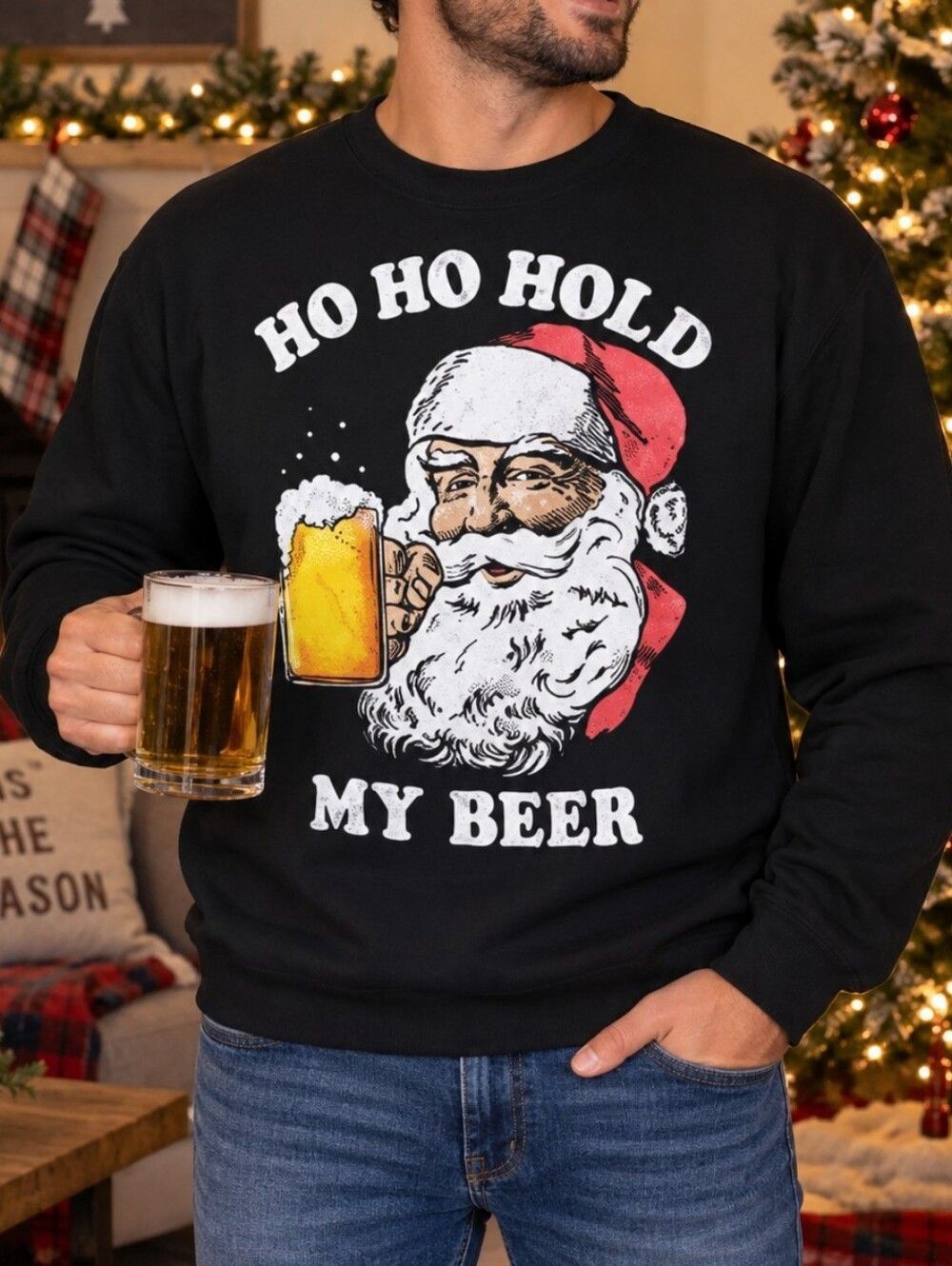 Mad Engine Ho Ho Hold My Beer Christmas Holiday Black Sweatshirt Medium #F